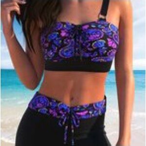 🆕Paisley Print Women's Swimwear Set - Black and Purple. Size 2XL. NWT.